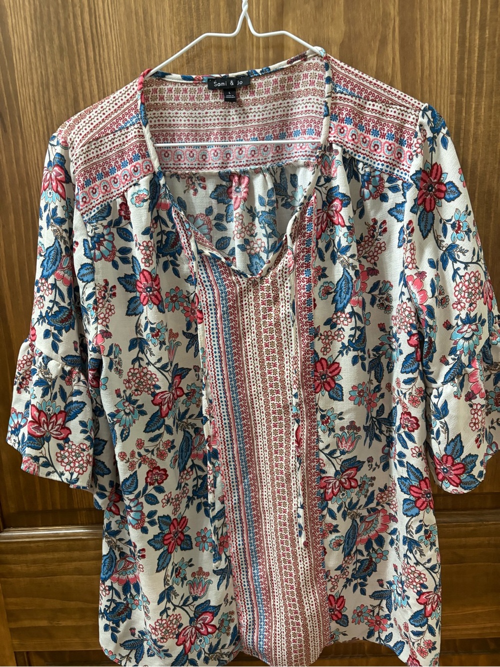 Sami & Jo Cream Floral Boho Split-Neck Tunic with Blue & Pink Accents